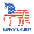 Patriotic unicorn silhouette with flag of the USA. Happy 4th of july card Royalty Free Stock Photo