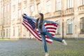 Patriotic upbringing. Patriotic child hold american flag outdoors. Little patriot celebrate Independence day. 4th of