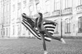 Patriotic upbringing. Patriotic child hold american flag outdoors. Little patriot celebrate Independence day. 4th of