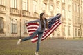 Patriotic upbringing. Patriotic child hold american flag outdoors. Little patriot celebrate Independence day. 4th of