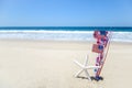 Patriotic USA background with starfish on the sandy beach Royalty Free Stock Photo