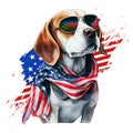 Patriotic USA Flag, Beagle Dog Wearing Sunglasses And Scarf, Watercolor Style Isolated On White Background.