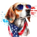 Patriotic USA Flag, Beagle Dog Wearing Sunglasses And Scarf, Watercolor Style Isolated On White Background.