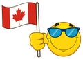 Patriotic Yellow Cartoon Emoji Face Character With Sunglasses Waving An Canadian Flag