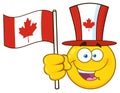 Patriotic Yellow Cartoon Emoji Face Character Wearing A Maple Leaf Top Hat Waving Canadian Flag