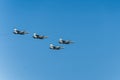 Patriotism concept. Four Airplanes In Formation. Fighter jets demonstrating the military force of country. Royalty Free Stock Photo