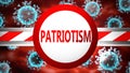 Patriotism and covid, pictured by word Patriotism and viruses to symbolize that Patriotism is related to coronavirus pandemic, 3d