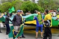 Patriots arrange the green and yellow flag at the demonstration on the via dutra