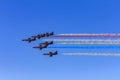 Patriots Jet Team aerobatic team Aero L-39 Albatros jets in formation with colorful contrails, San Francisco Fleet Week Royalty Free Stock Photo