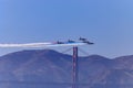 Patriots Jet Team aerobatic team's Aero L-39 Albatros jets flying over the Golden Gate Bridge in San Francisco, USA