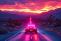 Patrol Car Advancing on Desert Highway at Sunset.