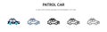 Patrol car icon in filled, thin line, outline and stroke style. Vector illustration of two colored and black patrol car vector Royalty Free Stock Photo
