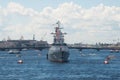 The patrol ship against the background of Blagoveshchensky Bridge. Navy Day in St. Petersburg