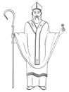 Patron saint of Ireland. Saint Patrick holding a trefoil and crosier staff with greeting ribbon. Object Coloring book