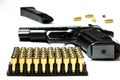 Patrons for a traumatic pistol stand in a black plastic form for cartridges. Weapons Royalty Free Stock Photo