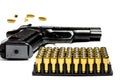 Patrons for a traumatic pistol stand in a black plastic form for cartridges. Weapons