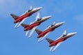 Patrouille Suisse formation display team of the Swiss Air Force flying Northrop F-5E fighter aircraft joined by the Swiss PC-7 tea