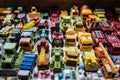 PATTATA THAILAND OCTOBER 4 : Many small toy cars colorful lined up on the beautiful glass on October 4, 2015. at Pattaya Chonburi Royalty Free Stock Photo