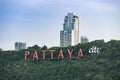 Pattaya city sign on hill near pattaya beach aerial view of Chonburi Thailand