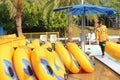 Pattaya, Thailand - 3 April 2019. Water park. Yellow inflatable rafts for the water Park. water Park swimming circle