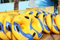 Pattaya, Thailand - 3 April 2019. Water park. Yellow inflatable rafts for the water Park. water Park swimming circle