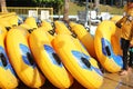 Pattaya, Thailand - 3 April 2019. Water park. Yellow inflatable rafts for the water Park. water Park swimming circle