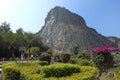 Tourists among the tropical vegetation on the background of the rock of the Golden Buddha in the vicinity of Pattaya