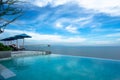 Pattaya, Thailand Luxury - June 3, 2019: swimming pool and blue water at the resort with beautiful sea view at u jomtien pattaya.