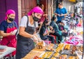 two thai women sells sushi food at Street Festival in Naklua near Pattaya Thailand Asia