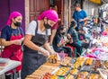 two thai women sells sushi food at Street Festival in Naklua near Pattaya Thailand Asia