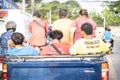 Pattaya, Thailand - May 27, 2019: Many Thais are sitting in a pickup truck, unsafe traffic.