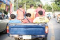 Pattaya, Thailand - May 27, 2019: Many Thais are sitting in a pickup truck, unsafe traffic.