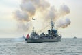 Navy warship gunning salute on sea in international fleet review