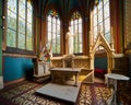 Interior of the small church of Marienburg Castle with pulpit, baptismal font and a large realistic Jesus figure