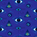 Patter with mystical eyes on a blue background. The symbols are talismans in the form of eyes.