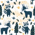 Seamless pattern with magical raccoon and deer - vector illustration, eps Royalty Free Stock Photo