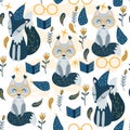 Seamless pattern with magical squirrel and fox on a white background - vector illustration, eps Royalty Free Stock Photo