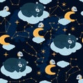 Seamless pattern with sleeping bear on a starry sky background - vector illustration, eps Royalty Free Stock Photo