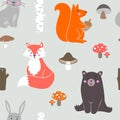Group of cute looking forest animals. Vector pattern.