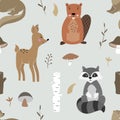 Group of cute looking forest animals. Vector pattern.