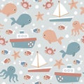 Seamless pattern with sea animals and boats. Royalty Free Stock Photo