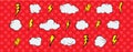 Pop Art Design Elements Retro Clouds & Lightning Seamless Pattern . Red with Polka Dot Pattern Clouds and Lightning