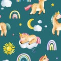 Cute unicorns collection. Seamless lovely texture with watercolor rainbows,unicorns