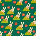 Seamless pattern of pink rabbits and flower for fabric print