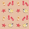 Summer seamless pattern with starfish, coconut cocktails and flip-flops.