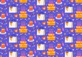 Cute seamless Birthday pattern in retro cartoon style on purple background. Royalty Free Stock Photo