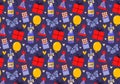 Cute seamless Birthday pattern in retro cartoon style. Royalty Free Stock Photo