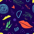 Seamless pattern with abstract organic shapes, hearts, lips. Colorful vector elements in doodle style for background, wallpaper, t Royalty Free Stock Photo