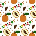 A pattern with an abstract image of an apricot and a name in the form of geometric shapes. Colorful textile print in Royalty Free Stock Photo