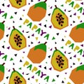 A pattern with an abstract image of papaya and a name in the form of geometric shapes. Colorful textile print in